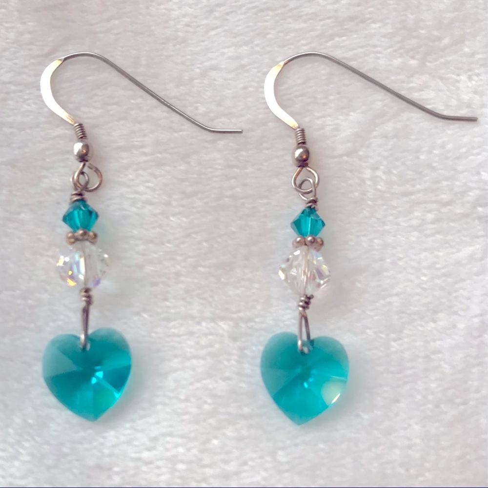 Swarovski Crystal Hearts & Sterling Silver Earrings- Aqua Blue & Clear- Handmade